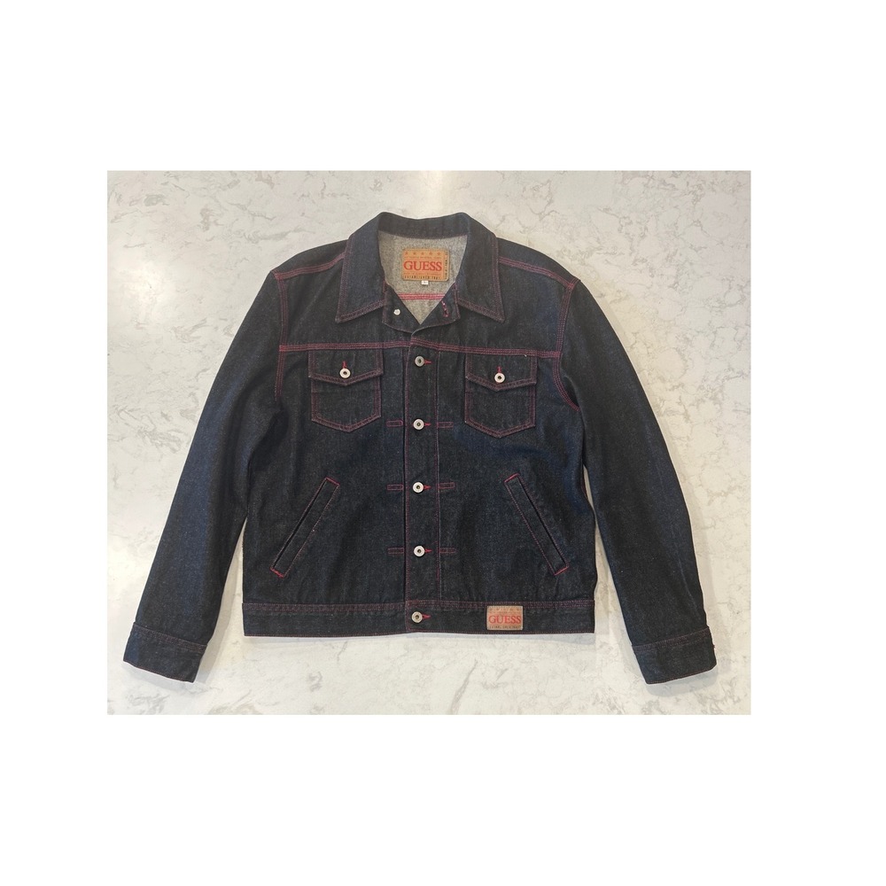 Guess Denim USA Trucker Utility Jacket Mens Large Dark Wash Red Contrast Stitch